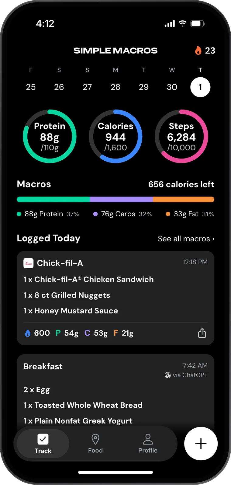 Simple Macros Track screen with daily calorie and protein rings and saved meals