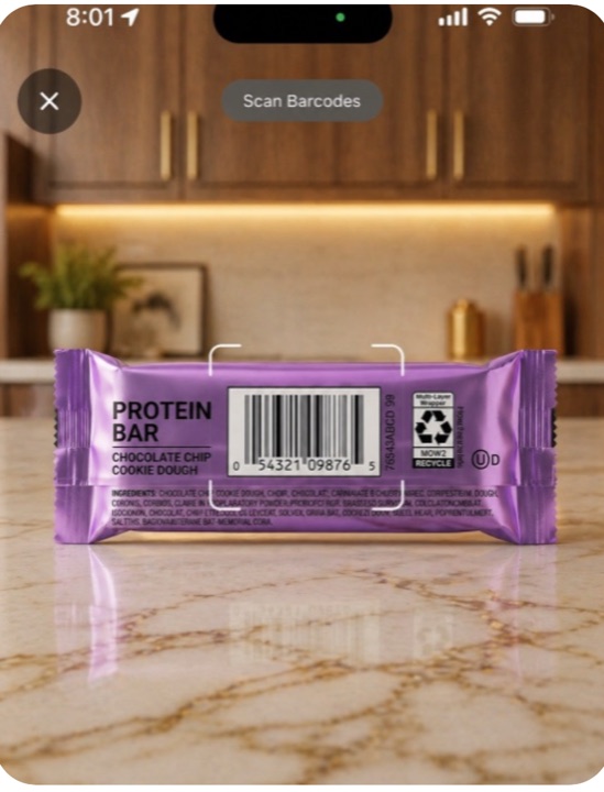 Simple Macros barcode scanner reading a protein bar